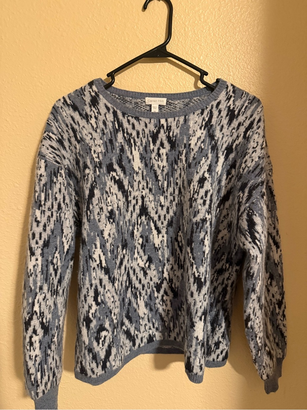 Garnet Hill Blue, White and Black Abstract Knit Crewneck Sweater